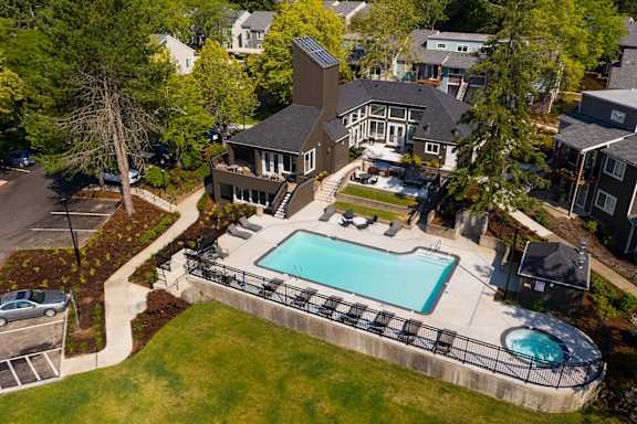 Pool view at Commons at Redwood Creek Apartments, Beaverton, OR, 97008