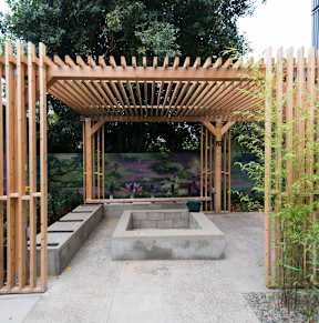 pergola and fire pit with tree at Kaya Camilla, Portland Oregon