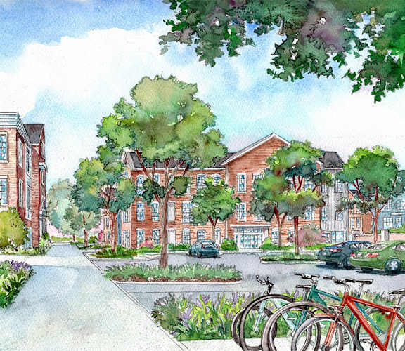 an illustration of a city street with buildings and bicycles