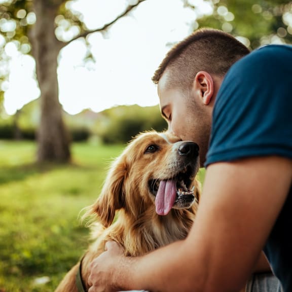 a man and his dog in the park at Madison at Eden Brook, Columbia, 21046