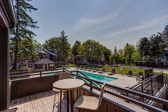 Pool view aerial at Commons at Redwood Creek Apartments, Beaverton, OR