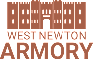 A graphic of a castle with the words West Newton Armory.