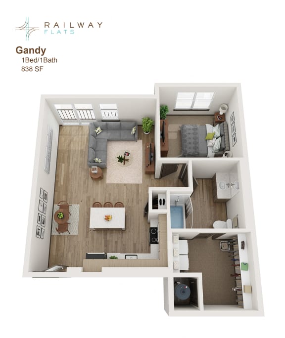 Gandy Floor Plan - 1 Bed/1 Bath at Railway Flats Apartments, Loveland
