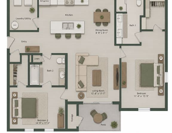 A floor plan of a house with two bedrooms, a living room, a dining room, a kitchen, a laundry/utility area, and a storage space.