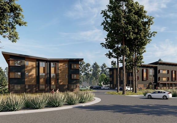 A modern building with a curved wooden facade is surrounded by trees and a car is parked in front.