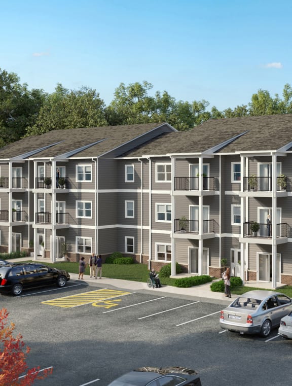 a rendering of an apartment complex in a parking lot