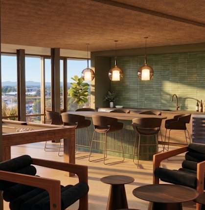 A modern cafe with wooden furniture and a view of the city.