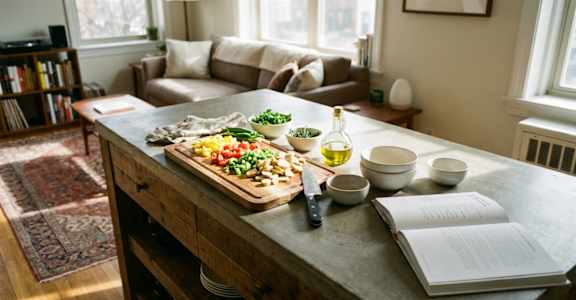 A wooden table with a book, bowls, and a cutting board with vegetables on it.