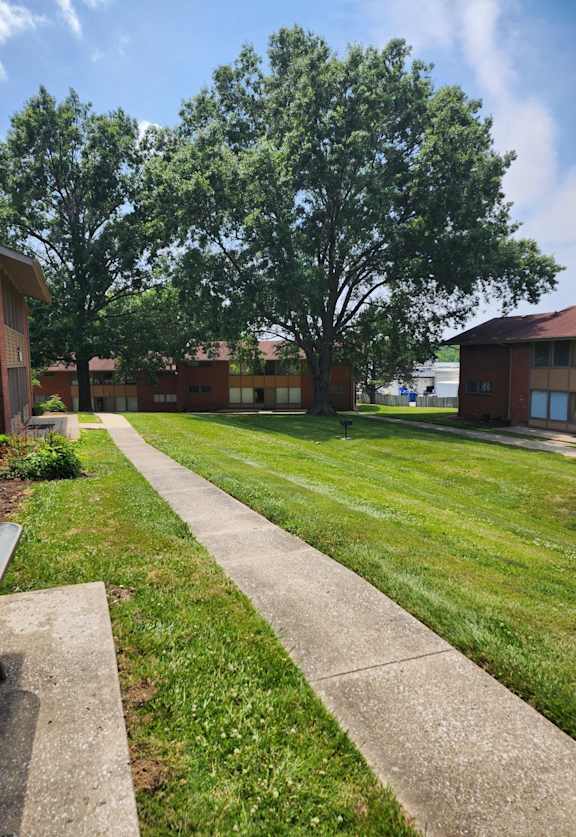 A walkway leads through a grassy area with trees and buildings in the background.