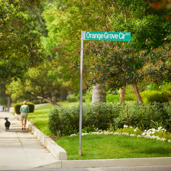 a person walking a dog down a sidewalk next to a street sign at Orange Grove Circle, Pasadena, CA,91105