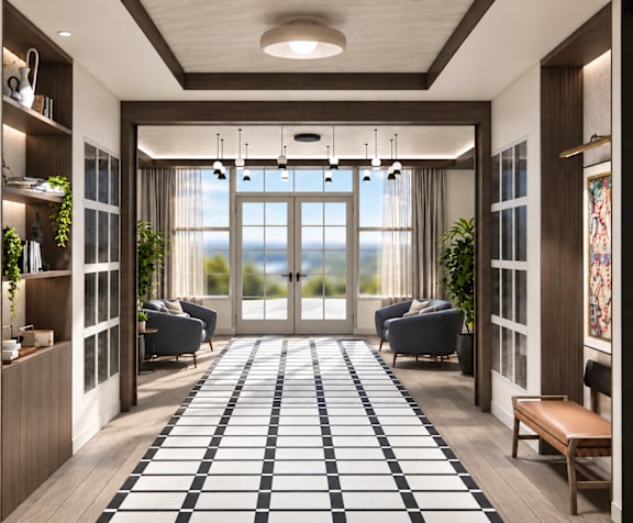 A modern living room with a black and white checkered floor.