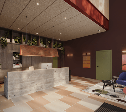 A reception area with a concrete counter and a green door.