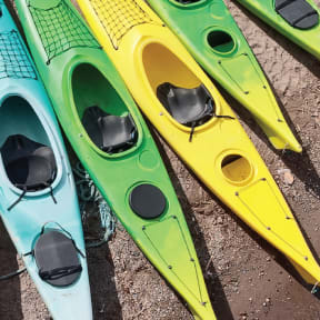 a row of kayaks are lined up on the ground