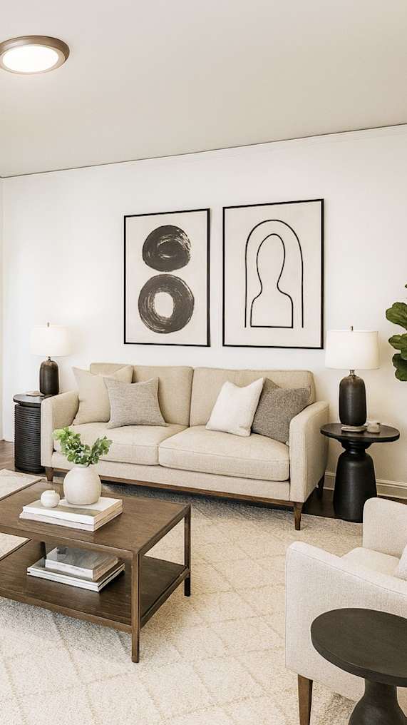 A living room with a white couch, a coffee table with candles, and a mirror on the wall.