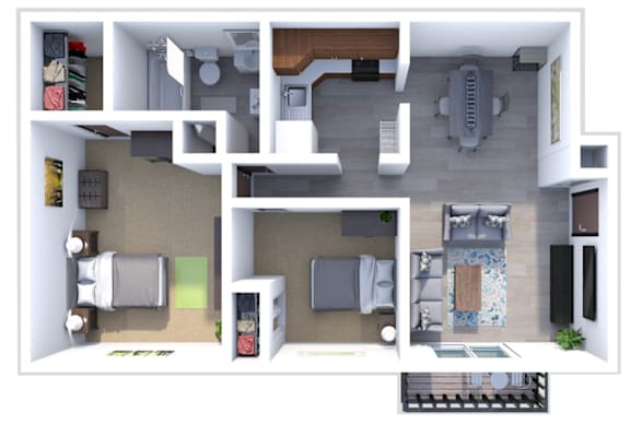 a 3d rendering of a floor plan with a bedroom and living room