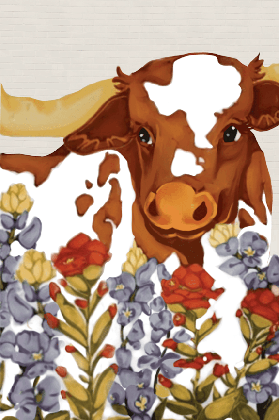 A cow is peeking out from behind a floral border at Kessler, Fort Worth, 76137