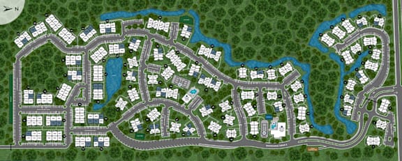 A map of a residential area with streets and houses.