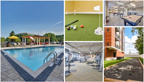a collage of different pictures of apartments with pool and amenities