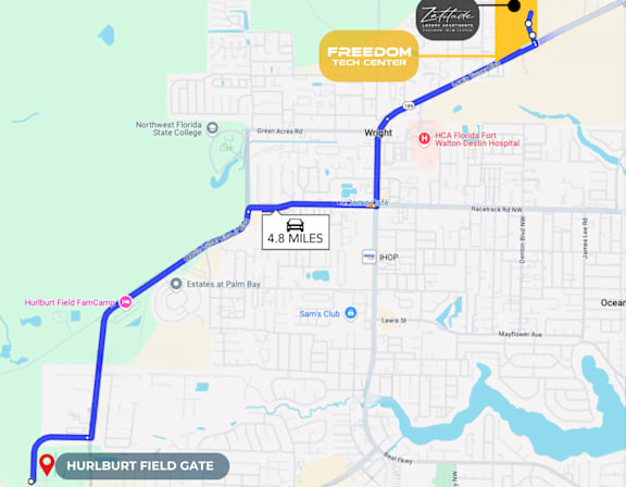 A map shows a route from Hurlburt Field Gate to Freedom Tech Center.