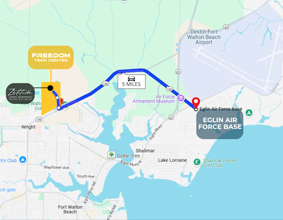 A map shows a route from Freedom Tech Center to Eglin Air Force Base.