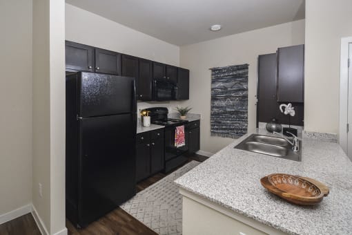 Updated Kitchen With Black Appliances at Rio Lofts, San Antonio