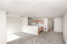 A spacious, empty room with a kitchen area in the background.