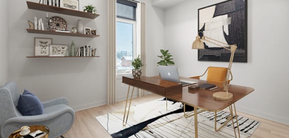 a home office with a desk and a large window