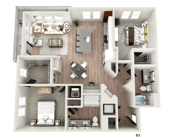 a 3d floor plan of a bedroom with a bathroom and a living room