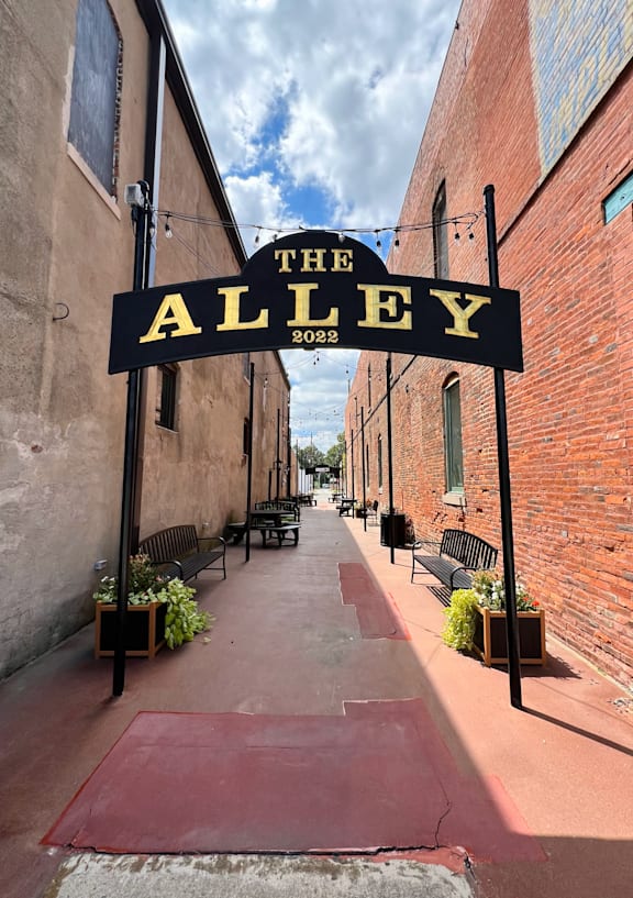 A sign that says "The Alley" is hanging over a brick pathway.