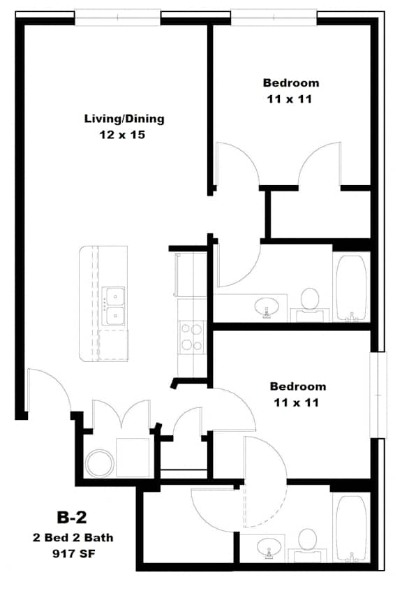 A floor plan of a small apartment with a living room, kitchen, and bedroom.