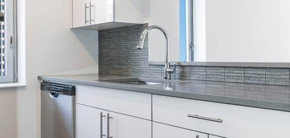A modern kitchen with a stainless steel dishwasher and a silver faucet.at 'The Metropolis', New York