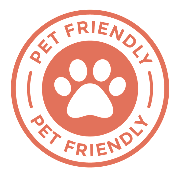 A logo with a paw print and the words "Pet Friendly" written around it.