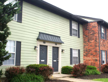 a green house with black doors and a red brick chimney