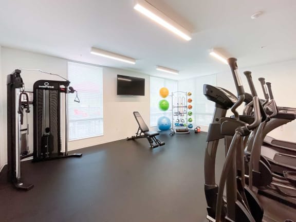 the gym is equipped with cardio equipment and a flat screen tv