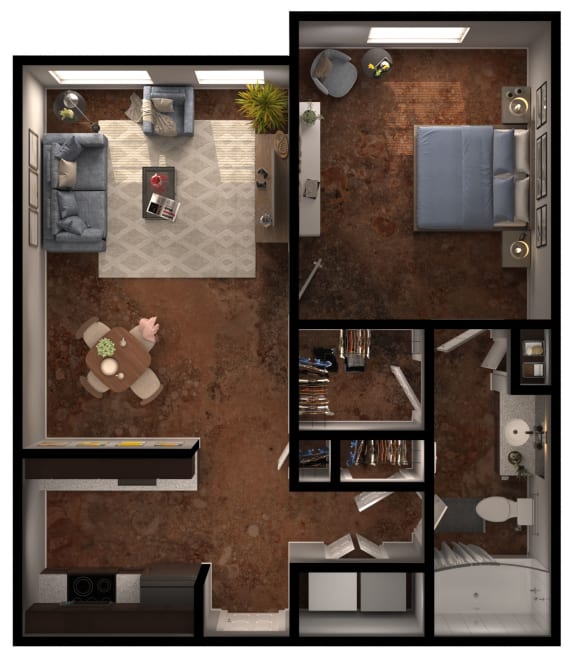 1 bed 1 bathroom A2 Floor Plan at Legacy Brooks, San Antonio, 78223