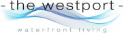 the website waterfront living logo with blue waves on a white background