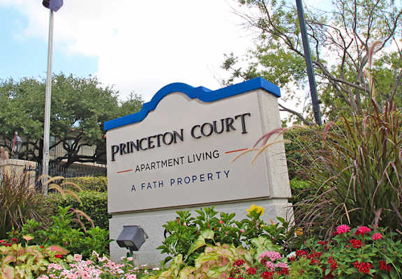 This is a photo of the entrance sign at Princeton Court Apartments in Dallas, TX