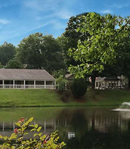 A serene landscape with a pond, a fountain, and a building in the background.