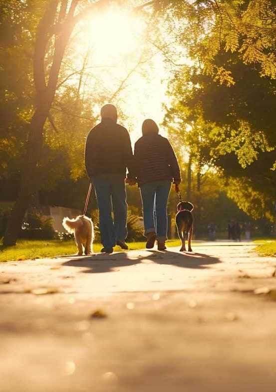 two people walking their dogs down a path in a park