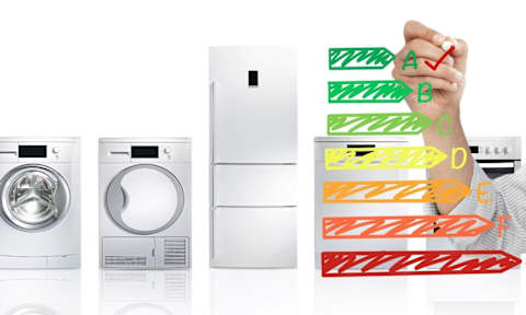 A hand is checking off items on a list next to images of washing machines.