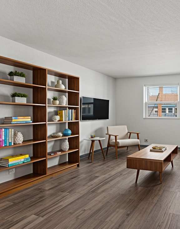 The Canvas Apartments in East Nashville living room with two windows, a large book shelf, an orange couch, and a wooden coffee table.