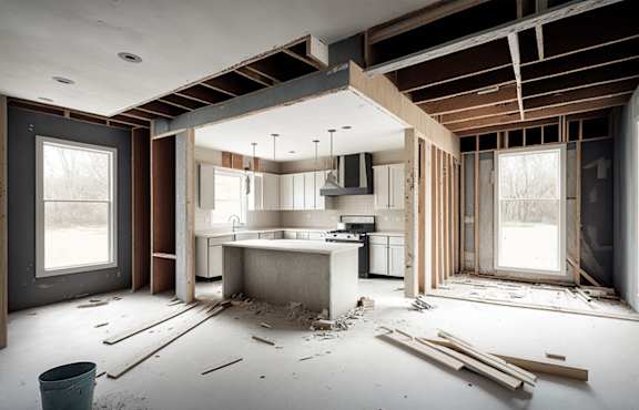 A kitchen under construction with exposed beams and unfinished walls.