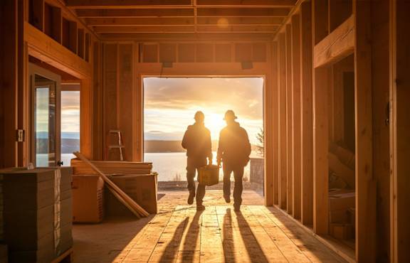 Two construction workers walking through a wooden framed building.