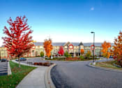 Thumbnail 1 of 5 - A tree with red leaves is in the foreground of a street with apartment buildings in the background.