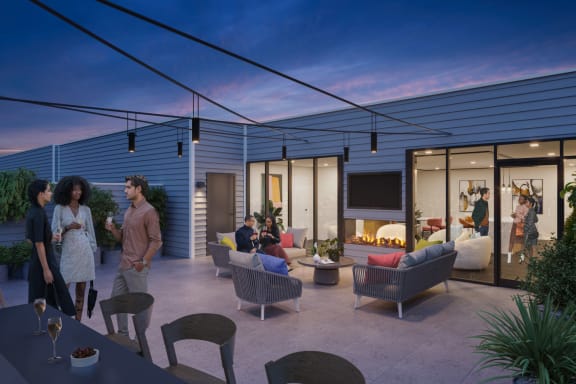 an artist rendering of a house with people gathered around a patio