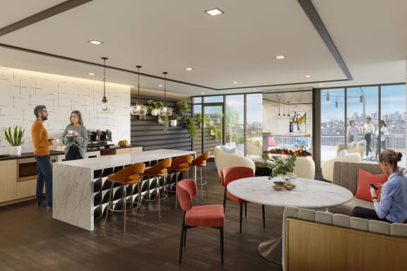 a rendering of a communal kitchen and dining area with a table and chairs