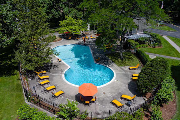 an aerial view of a swimming pool in a backyard with yellow chairs