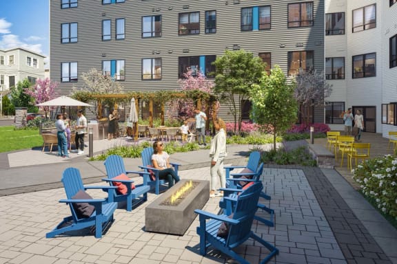 a rendering of a courtyard with chairs and a fire pit