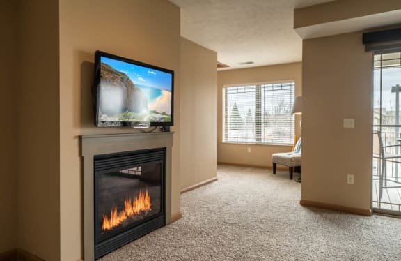 a living room with a fireplace and a tv