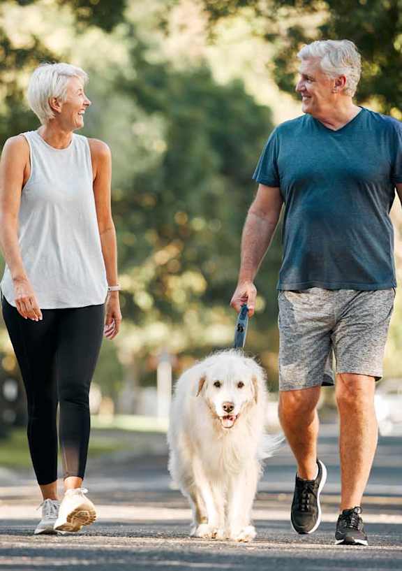 an older couple walking their dog in the park
